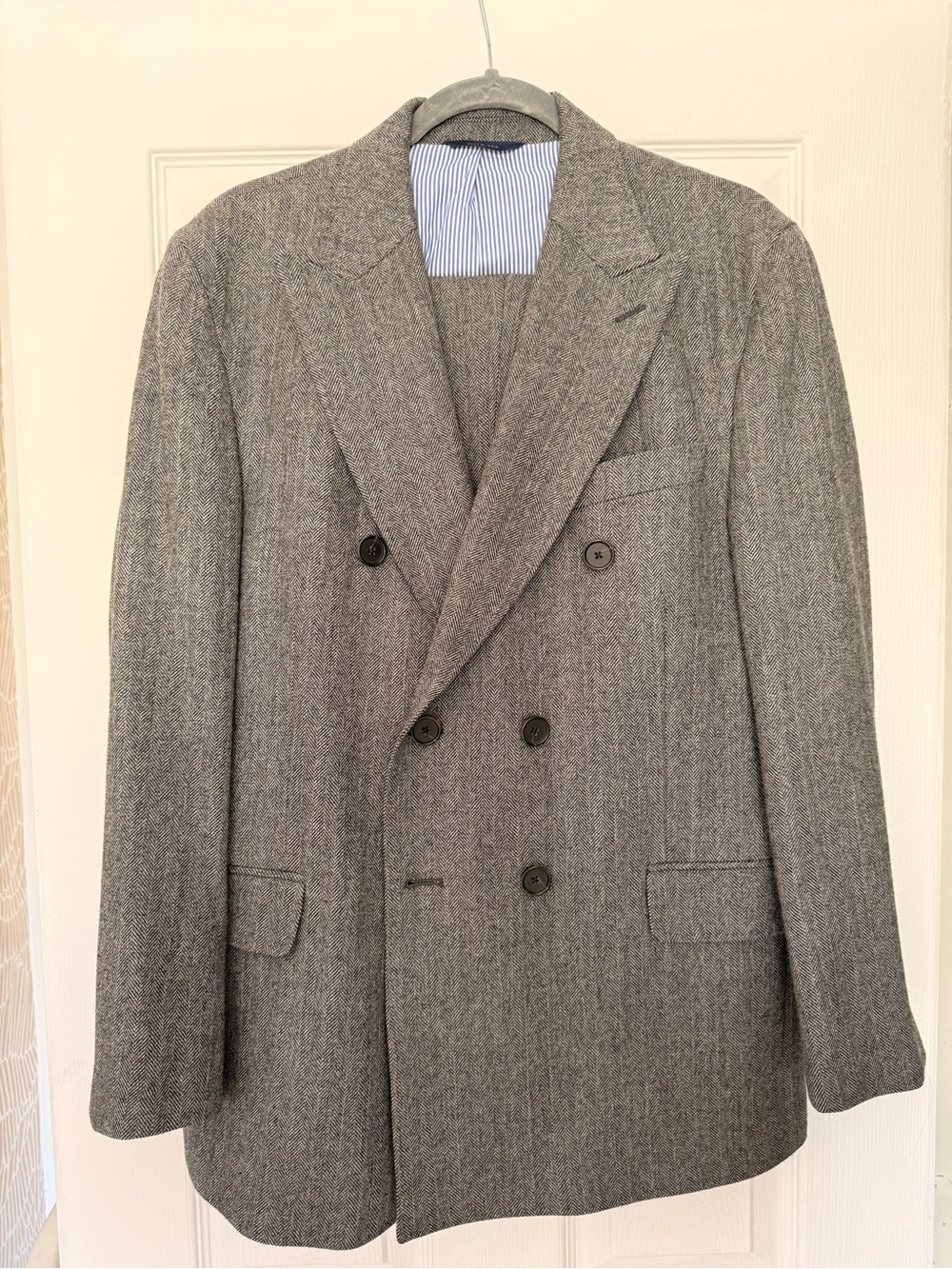 Brooks Brothers Double-Breasted Gray Herringbone Wool Suit